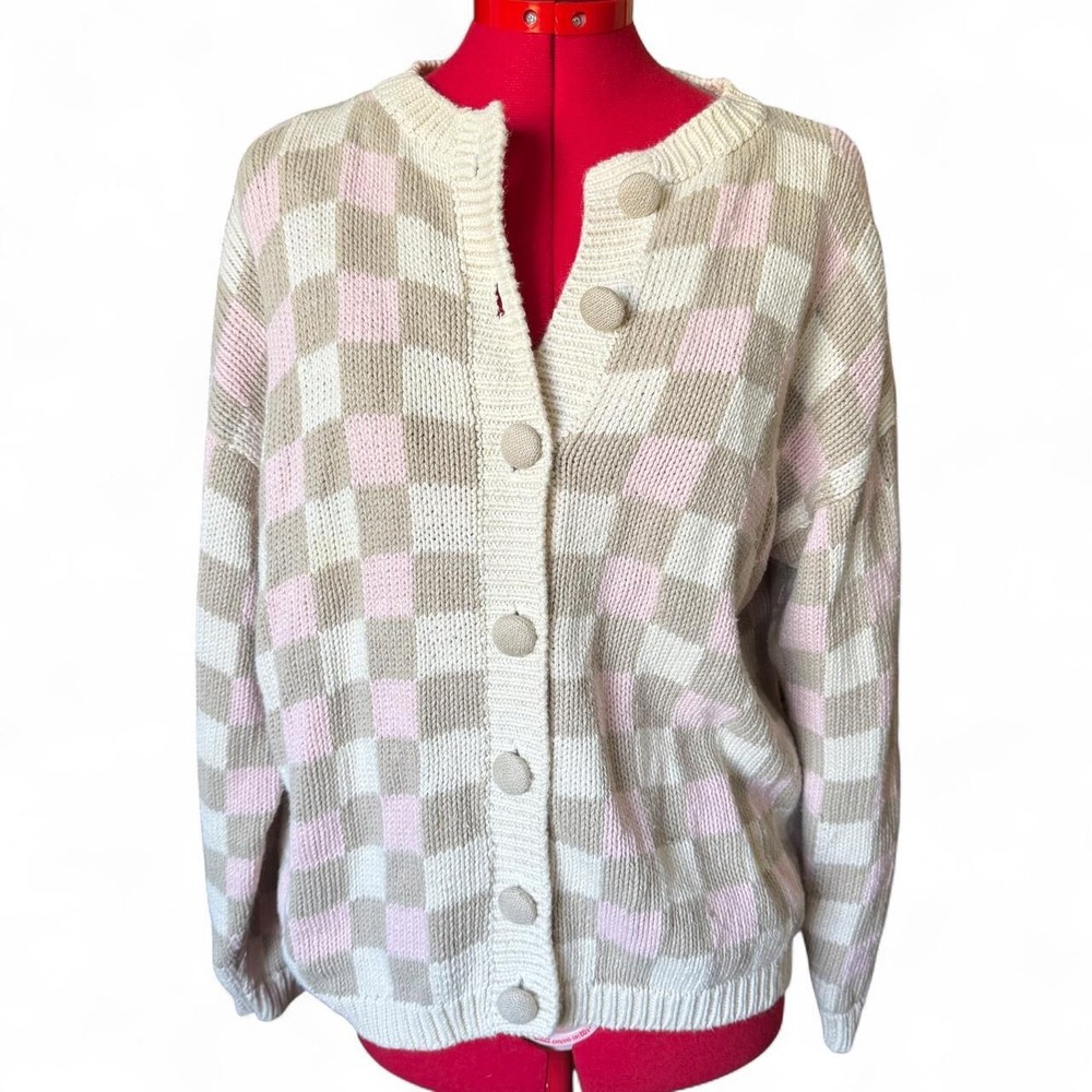 vintage JL Plum brown and pink checkered cardigan Large cottagecore grandmacore